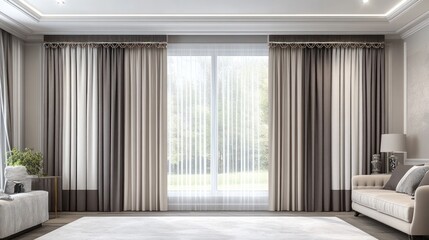 Window with curtains in a living room with trees seen outside. Stock photo