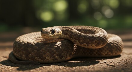 Obraz premium Coiled rattlesnake rests on the ground in the natural sunlight
