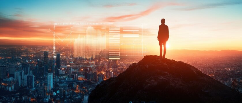 City skyline at sunset with a person standing on a rock, overlooking urban landscape and reflecting on business opportunities and personal growth journey.