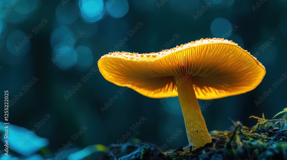Poster glowing mushroom in forest with bokeh background effects
