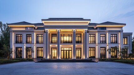 Obraz premium Elegant Mansion Exterior at Dusk with Lush Landscaping