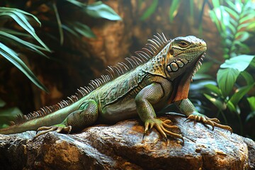 Fototapeta premium Green Iguana Resting on Rock in Lush Foliage