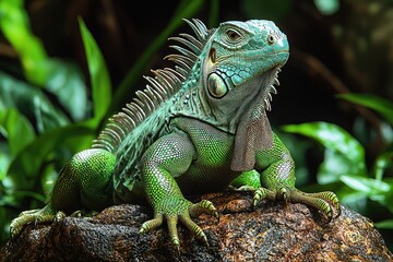 Fototapeta premium Green Iguana Reptile Perched on Rock in Lush Foliage