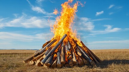 Fototapeta premium Large Bonfire in Wheat Field Under Partly Cloudy Sky