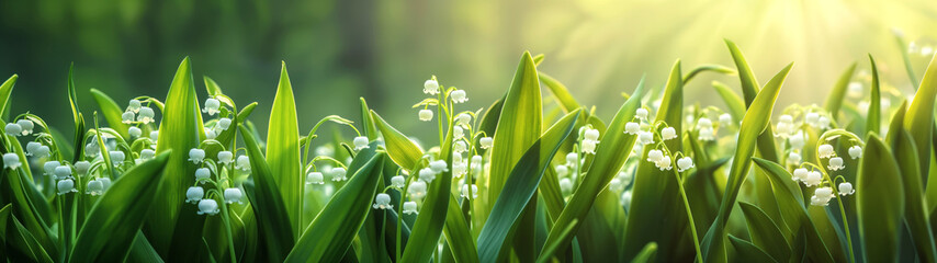 Obraz premium Serene lily of the valley flowers bathed in warm sunlight, perfect for nature, gardening, and spring-themed designs