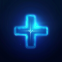 Obraz premium Bright neon blue medical cross with a pulse line on a dark background symbolizing modern healthcare technology and emergency care
