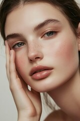 Fototapeta premium Close-up portrait of a young woman showcasing natural beauty, skincare routine, and healthy lifestyle with soft lighting and minimal makeup for cosmetic ads.