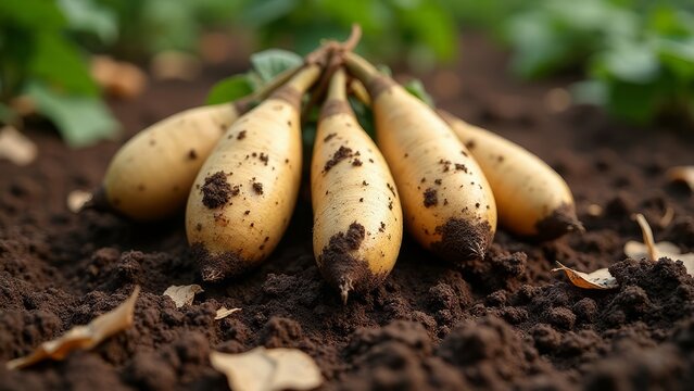 Harvested yac�n roots displayed on rich earth, a fresh agriculture bounty