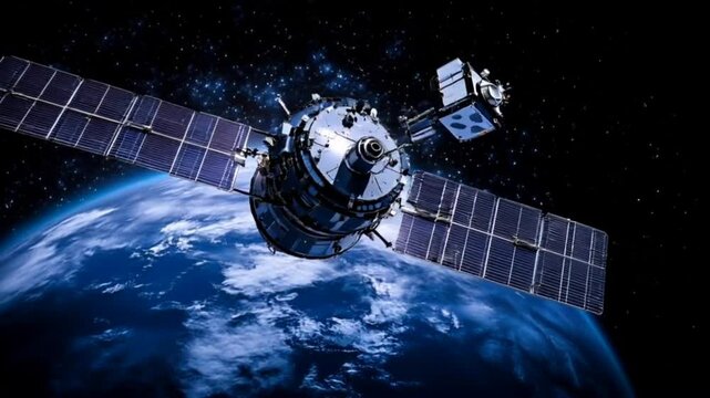 Satellite orbiting Earth with solar panels and detailed planetary surface in space