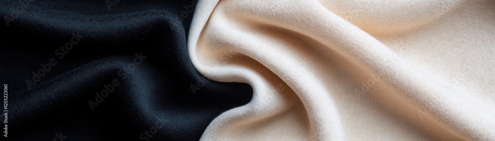 Poster cashmere textile elegantly drapes into sculptural forms, illuminated by sharp light on one side whil
