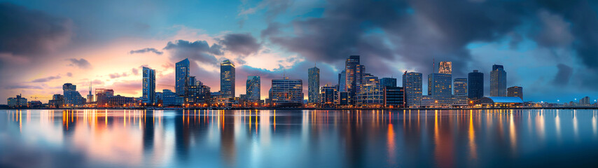 Fototapeta premium Majestic urban skyline reflecting on calm waters at sunset, perfect for cityscape wallpapers, real estate marketing, and travel promotions