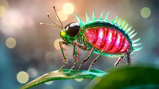 Futuristic robot insect standing on a leaf