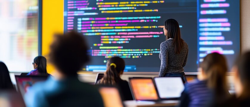 Coding class with instructor teaching programming languages to students in a tech workshop, focusing on software development and computer science education.