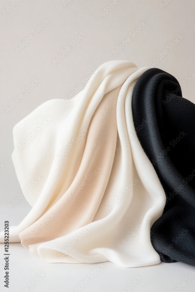 Aufkleber textile featuring soft cashmere is arranged into fluid, sculptural folds highlighted by sharp lighti
