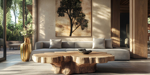 A unique wooden coffee table with organic shapes is placed in the center of an elegant living room, surrounded by modern sofas and decorative elements like golden vases and abstract paintings 