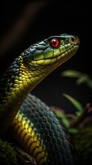 Obraz premium Dark green black snake hiding under leaves