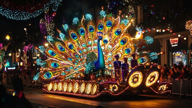 Spectacular Illuminated Peacock Mardi Gras Float Festive Parade Night Lights Brilliant Design Colorful Feathers Celebration Nighttime Event Grand     