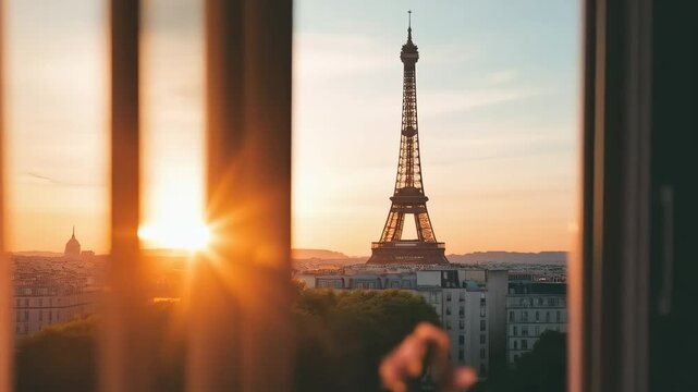 Eiffel tower view through window at golden sunset in Paris. Romantic vacation for Valentine's Day and french wedding 