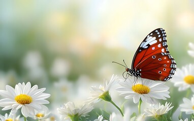 Beautiful butterfly on daisy flowers in spring garden; peaceful nature scene; wallpaper or social media post