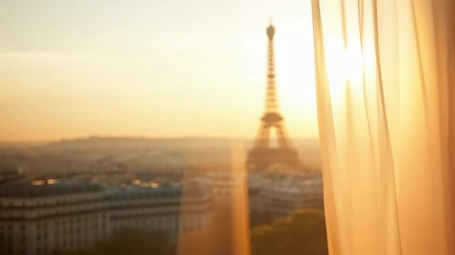 Paris morning view through white curtain, Eiffel tower at golden sunrise. Romantic Valentine's Day. French honeymoon, wedding concept
