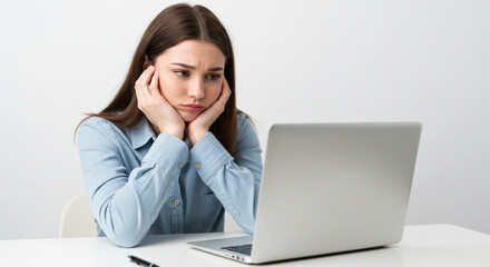 A young woman at a desk, leaning on her hands with her chin resting on them, staring at a laptop screen with a troubled expression