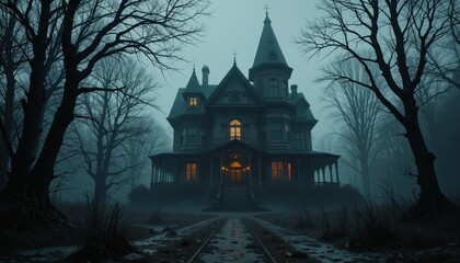 Spooky Victorian mansion shrouded in fog with eerie lighting surrounded by barren trees in a mysterious landscape