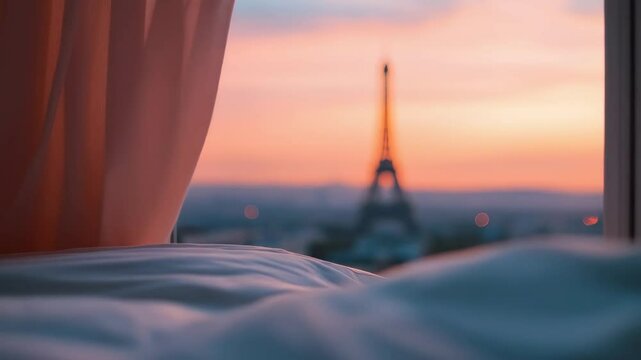 Eiffel tower view from bed through window at sunrise. Romantic morning in Paris hotel room. Valentine's Day, honeymoon travel, wedding, anniversary celebration concept