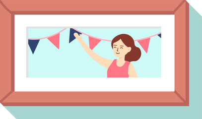 Event organizer preparing vibrant decorations, hanging colorful triangle flags on a string within a picture frame, creating a festive atmosphere for an upcoming celebration