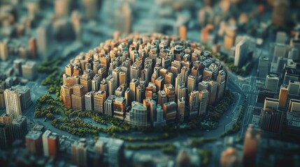 Aerial view of a miniature city forming a mind map, symbolizing urban planning and interconnectedness
