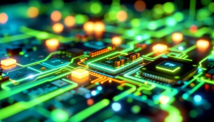 Futuristic motherboard showcasing intricate circuits and glowing components