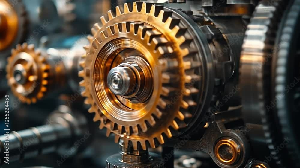 Poster mechanical marvel: a close-up shot reveals a complex network of gears and cogs, the metallic compone
