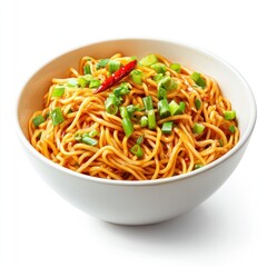 Spicy noodles in bowl, studio shot, white background, food photography