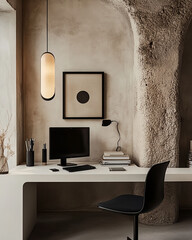 A white desk with a black computer, books, and stationery items on it. There is an empty picture frame hanging above the table. The room has light gray walls. A lamp hangs from one side of the 