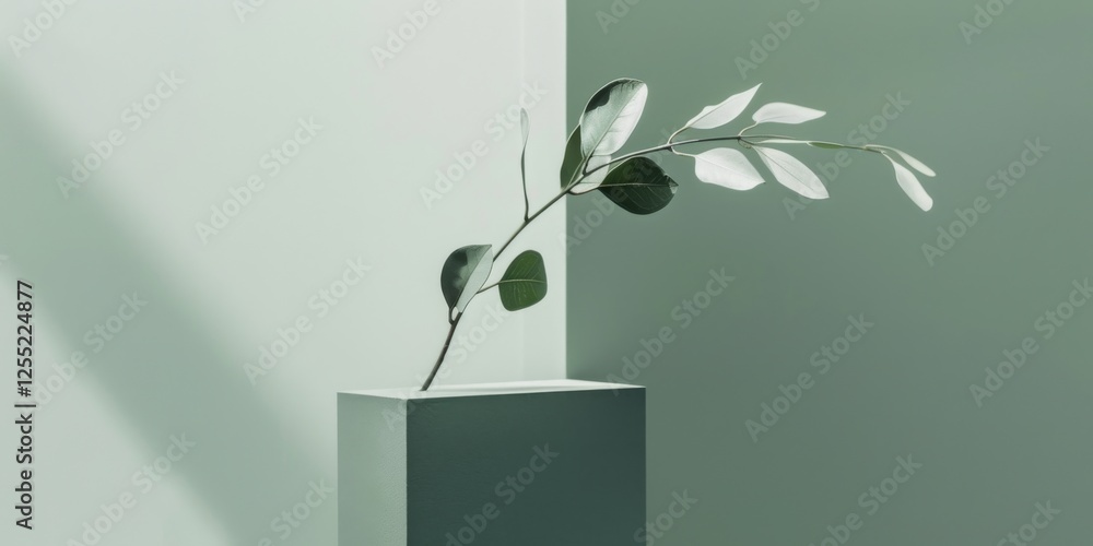 Poster a minimalist composition with a soft sage green background, sparse geometric shapes and clean lines,