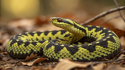 Obraz premium Yellow and black patterned viper snake resting on leaves