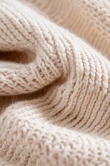 The softness of a beige knitted fabric is highlighted through a close-up view, revealing delicate stitches and organic textures that exude a contemporary and minimalist aesthetic