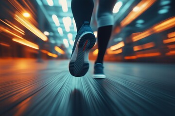 A runners foot captured mid-stride, with neon streaks and high-speed blur creating a futuristic effect.