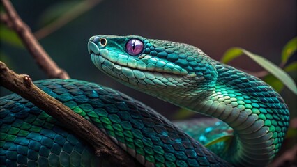 Fototapeta premium Green and blue snake resting on a branch