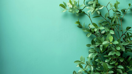 Elegant nature-inspired background with fresh green leaves on a pastel turquoise wall, perfect for website headers, blog designs, social media banners, and eco-friendly branding. Copy space