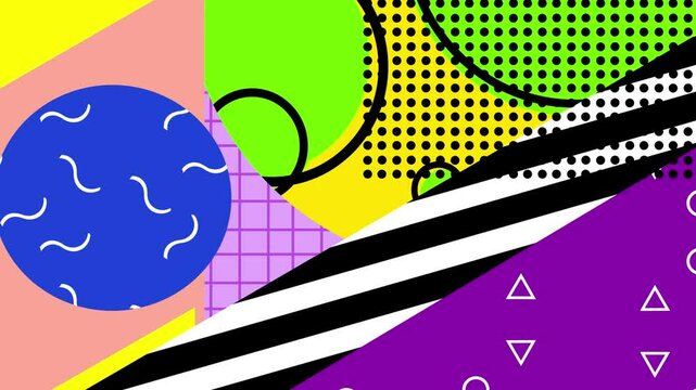 Retro abstract 80's 90's design pattern background. Memphis style geometrical shapes of different vintage colors. pop art design. High quality 4k footage