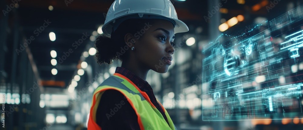 Poster construction manager analyzing data with digital interface in warehouse, focusing on technology, saf