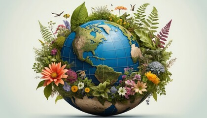 A globe overflowing with vibrant flowers, symbolizing the interconnectedness of the Earth and nature, highlighting environmental protection and sustainability.