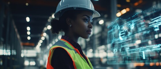 Construction manager analyzing data with digital interface in warehouse, focusing on technology, safety protocols, and project management in industrial setting.