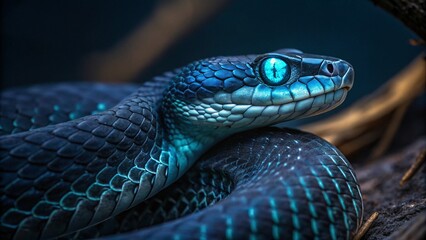 Fototapeta premium Blue viper snake close-up face with dark background