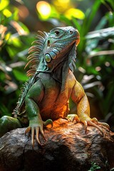 Fototapeta premium Green Iguana Lizard Posing on Rock in Lush Setting