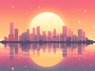 Fototapeta premium City skyline at night, reflected in water, stylized illustration. Possible use Desktop background, social media post