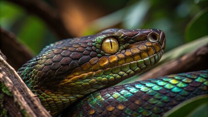 Fototapeta premium Golden-eyed iridescent snake with blue and green scales in jungle setting