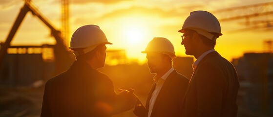 Construction site with engineers discussing project details at sunset, highlighting teamwork, planning, and collaboration in architecture and infrastructure development.