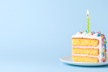 Appetizing piece of birthday cake on a plate with one burning candle isolated on white background