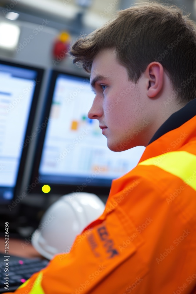 Poster construction worker analyzing data on computer screens in safety gear, highlighting technology use i